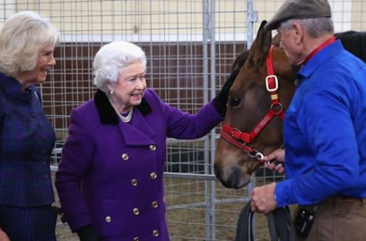 Left: Queen Consort Camilla, Her Majesty Queen Elizabeth II, and Monty Roberts following a demonstration session